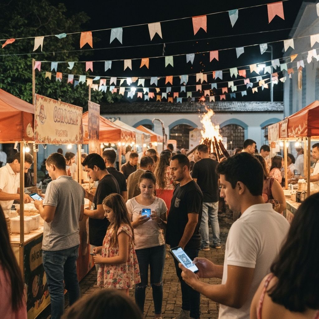 Festa de São João em paróquia católica com pessoas usando celulares para compras